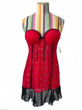 NWT Linea Donatella Red & Black Lace Slip Dress Top w/ Thong Ruffle Hem